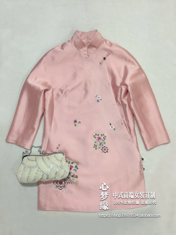 中式真丝刺绣改良中长款上衣旗袍