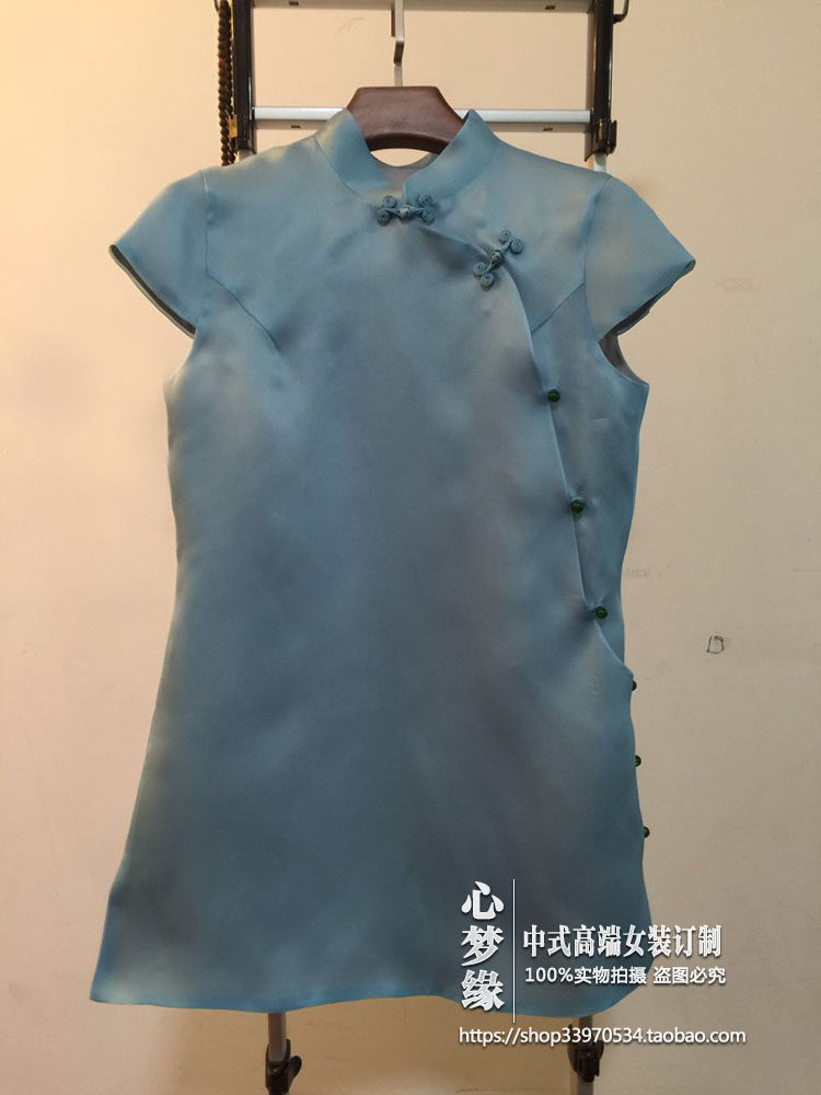 多色定制 中式真丝欧根缎斜襟盘扣半袖改良旗袍夏季上衣