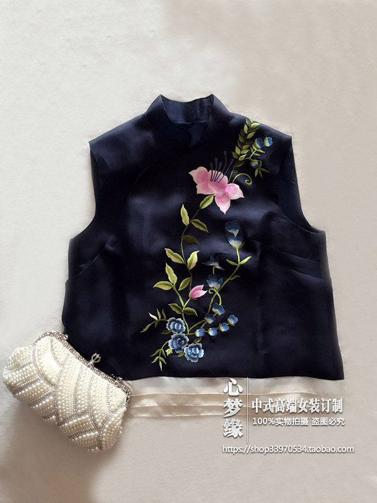原创设计 中式真丝欧根缎拼接精工绣花无袖短款上衣女装背心马甲