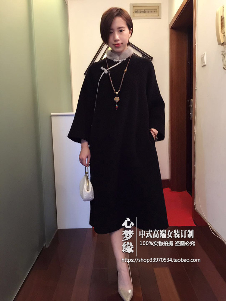 重磅牛货 中式盘扣水貂毛毛领宽松羊毛呢过膝加厚外套大衣汉服