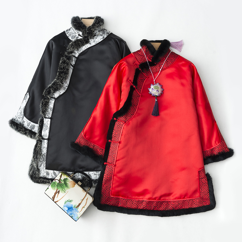 秋冬新款中式高档獭兔毛斜襟盘扣旗袍棉袄保暖复古唐装外套上衣女