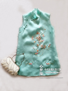 有袖 真丝欧根缎绣花改良旗袍连衣裙无袖 玉扣女 中式 2016春夏新款