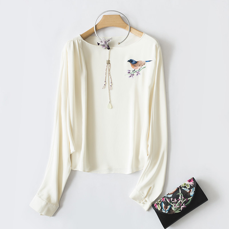 简约复古 中国风小鸟刺绣花圆领宽松大蝙蝠衫长袖短款上衣女