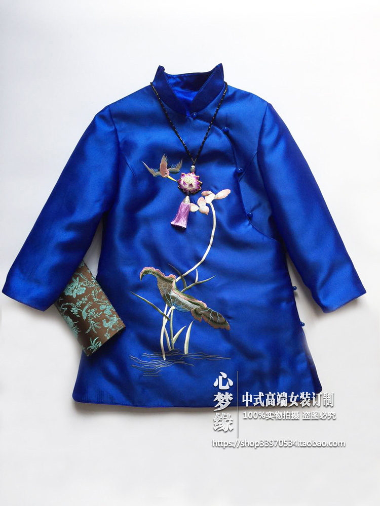 秋冬款 中式斜襟立领玉扣绣花改良旗袍中长款加棉棉袄上衣女茶服