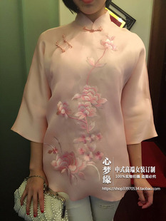 上衣 真丝偏襟盘扣改良旗袍女装 2016春夏新款 夏姿风牡丹绣花中式