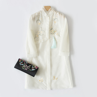 仙仙的美 中式复古真丝欧根纱刺绣花中长款开襟上衣外套防晒衣女
