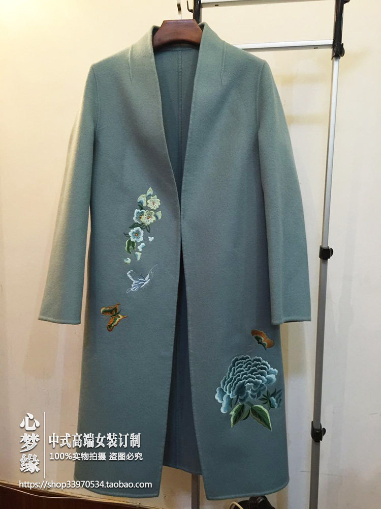高贵气质绝美中式开襟绣花纯手工双面羊绒大衣女毛呢秋冬外套