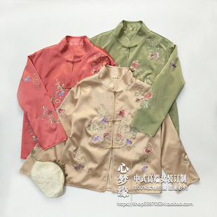 春季新款 中式唐装对襟立领真丝软缎绣花盘扣上衣外套唐装女