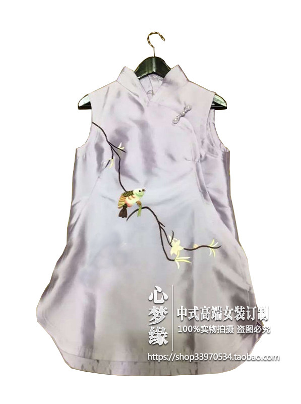 中式女装斜襟丝毛款中式无袖刺绣绣花改良珍珠盘扣旗袍裙