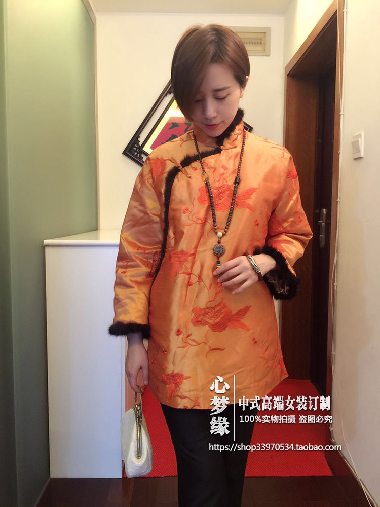 复古中国风 中式满身绣花仿泰丝加棉水貂毛盘扣旗袍上衣棉袄女