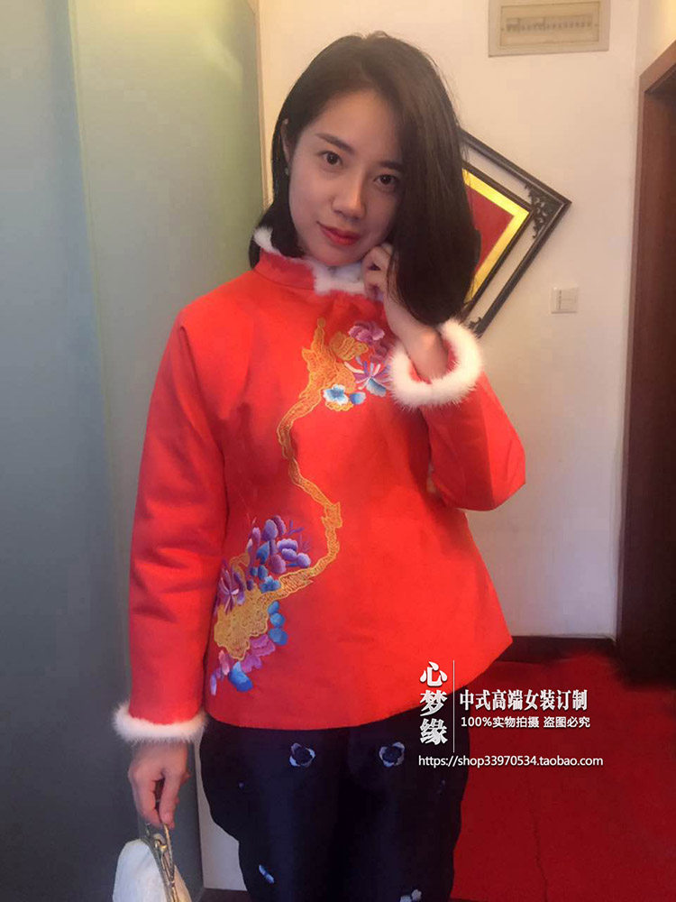 2016中式复古风 真丝丝毛水貂毛绣花斜襟改良旗袍短款上衣棉袄