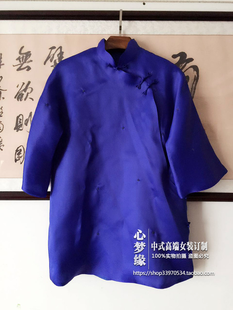多色定制春夏中式纯色真丝欧根纱斜襟立领手工钉珠七分袖女装上衣
