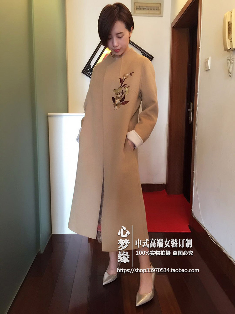 秋冬新高端刺绣双面羊绒大衣女中长款中式时尚羊毛大衣呢外套