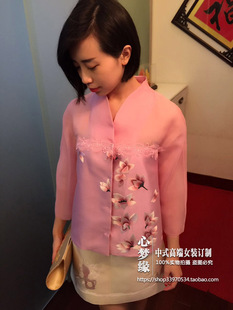 女装 真丝丝毛欧根缎拼接蕾丝边气质短款 上衣 中式 2016春夏新款