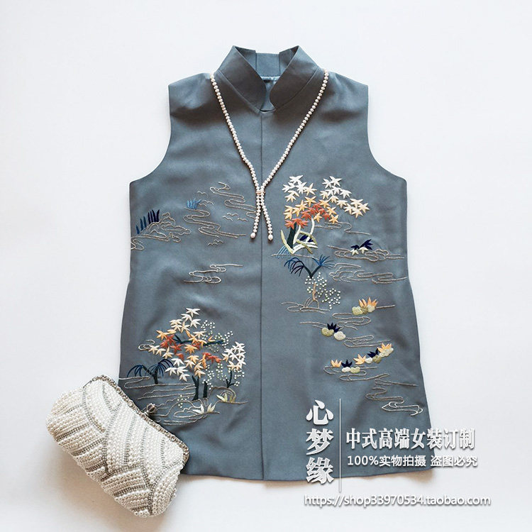 春夏款新中式立领山水绣花开襟无袖复古口袋女装马甲