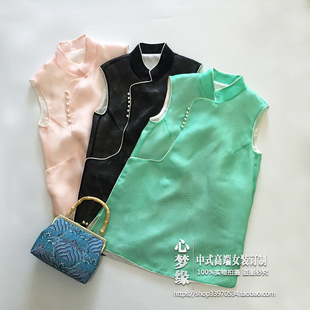 中式真丝暗纹欧根纱立领改良旗袍中长款背心马甲上衣女