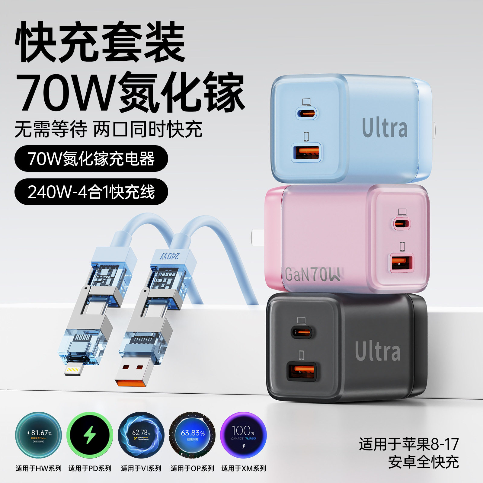 【升级款】诺思米70W全协议氮化镓快充充电头A+C适用苹果17安卓笔