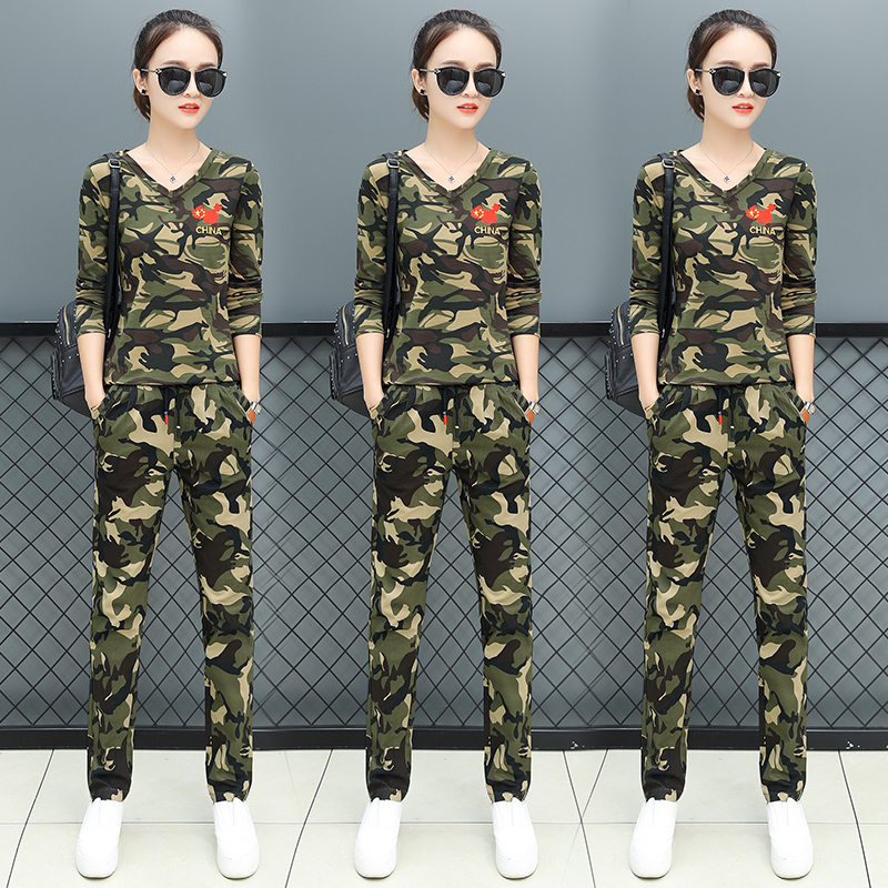 迷彩服套装女休闲运动V领长袖T恤长裤网红两件套装宽松胖mm潮流bf