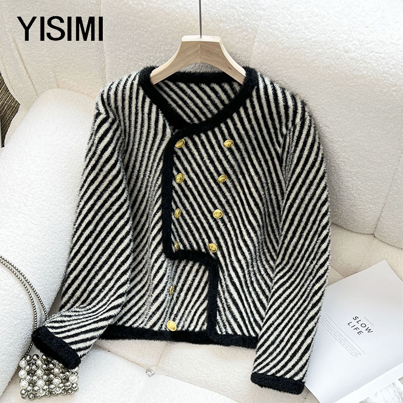 中老年胖妈妈冬装条纹长袖外套