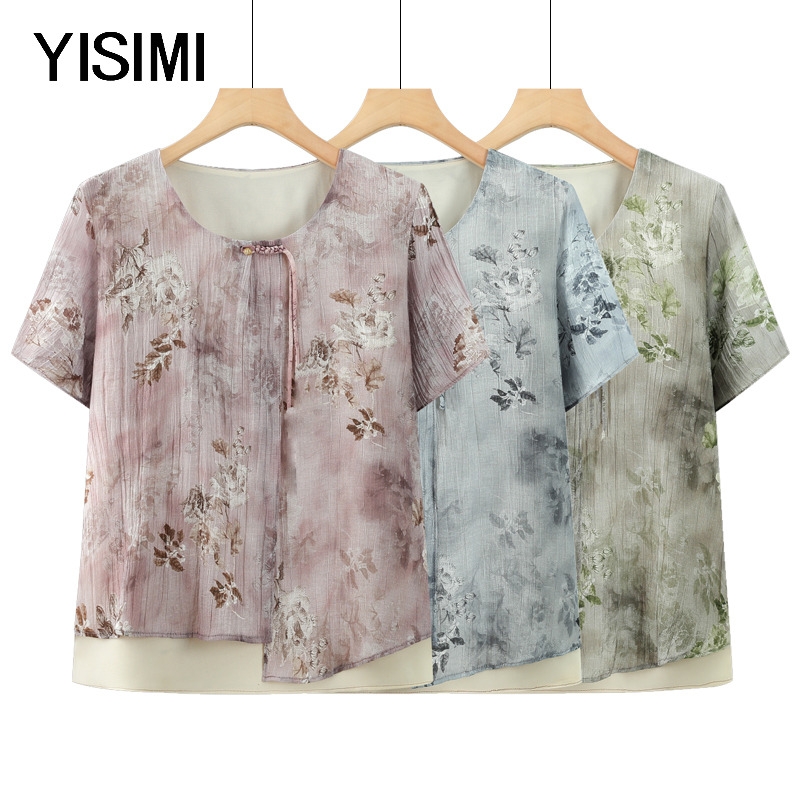 中老年大码女装25夏季新款民族风雪纺短袖t恤上衣中年女时尚夏装