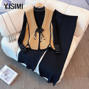 套装 中年女士休闲阔腿裤 针织马甲三件套新款 中老年妈妈秋冬新中式