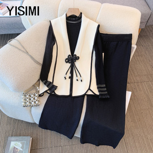 套装 盘扣马甲三件套中年宽松阔腿裤 女 新中式 中老年胖妈妈秋冬新款