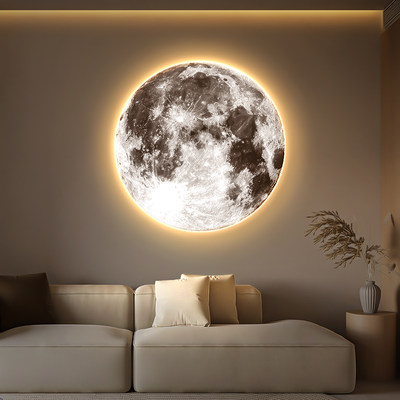 月球客厅墙面装饰画肌理感砂岩卧室床头挂画圆形玄关带灯发光壁画
