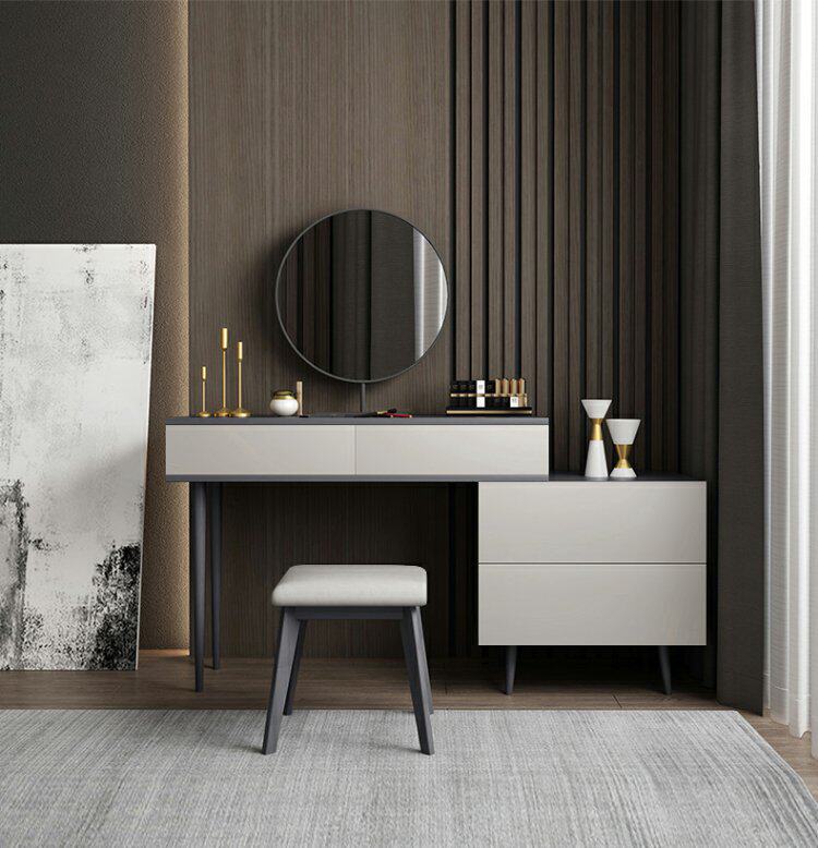 现代简约伸缩梳妆台斗柜收纳一体卧室大小户型网红极简实木化妆桌