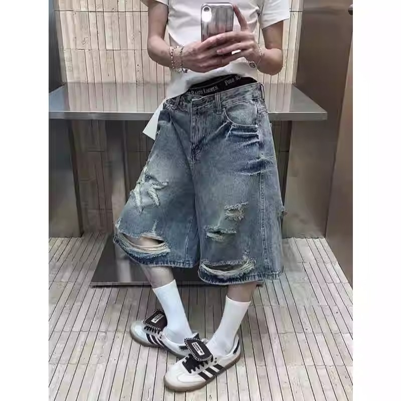 大码美式街头复古水洗破洞设计感牛仔五分裤男女夏季宽松阔腿短裤