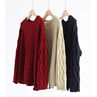 秋冬复古菱格麻花粗针加厚毛衣宽松宽松慵懒风松弛感套圆领套头女