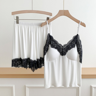吊带睡衣两件套女短裤睡衣吊带家居服套装纯欲风夏季蕾丝边睡衣