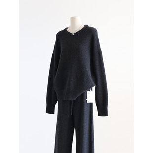 女套头上衣 宽松毛衣针织衫 秋冬法式 及简慵懒风圆领粗针荃羊毛长袖