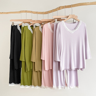 少女风睡衣套装女秋季新款时尚性感蕾丝边V领套头女士家居服套装