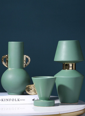 现代轻奢祖母绿金色双耳陶瓷花瓶花器家居样板间软装饰品玄关摆件