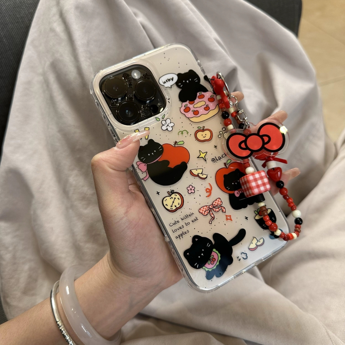 苹果头甜甜圈小黑猫适用Realme真我GT5 pro/GTneo5手机壳GT7/NEO7SE大师探索V23链条14/12x/Q5i/GT2可爱V50S