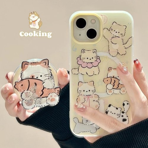 插画抱鱼猫咪磁吸支架vivo S50/X200promini/X90/X100s适用x30手机壳X300可爱女S30PRO/y35+/V40/Y78/Y77e套6