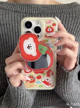 红苹果小狗磁吸镜子支架适用Mate70/60华为Nova13/12/11手机壳PURA70补妆P40/P50e/8/76/9se麦芒30大孔P60PRO