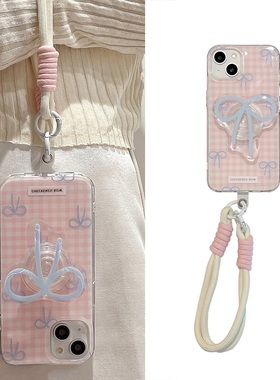 手提夏天蓝蝴蝶结适用荣耀200/100/magic6pro手机壳90GT/80se/70/50pro华为X9B/X10/X40i/X50畅玩30挂绳20女