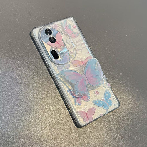 粉蓝渐变蝴蝶适用小米14/13手机壳98/10S红米note13pro+带支架12R/11高级mix3/K40S/k50/K60pro硅胶K70至尊