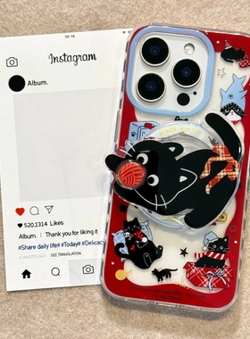 小黑猫毛球旋转磁吸支架适用小米14T/13TPRO海外版NOTE11s手机壳poco X3GT/X6/F5红米13/14C可爱M55/12/M6/F3