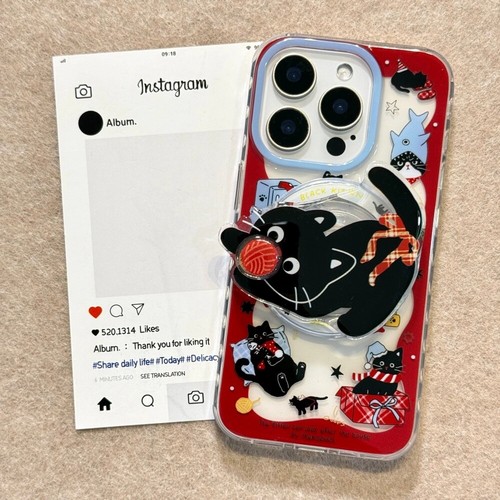 小黑猫毛球旋转磁吸支架适用小米14T/13TPRO海外版NOTE11s手机壳poco X3GT/X6/F5红米13/14C可爱M55/12/M6/F3