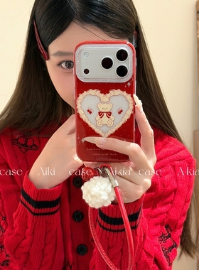 红色爱心小熊适用oppo realme NEO7/GT5真我13/GT2大师探索GT8pro/neo6se手机壳15PRO+14新年12x毛绒铃铛V70S