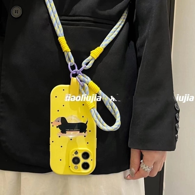 黄色波点腊肠狗支架适用华为nova12/11/10/6SE/9/7se手机壳mate60/50软pura70Ultra斜跨绳P60/40/30pro畅享70