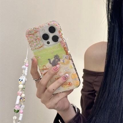 野餐小猫咪K9/K7适用oppo findx7/x8/A2手机壳链条A3/reno12/11/10/98pro可爱967SE/A58/A72/A55/A96/K12x/A8