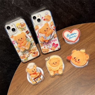 A23 S22 FE手机壳S24ultra S20透明软壳A34 S24 A55可爱S10 A73 Note10 s23 黄色小熊磁吸支架适用三星A55