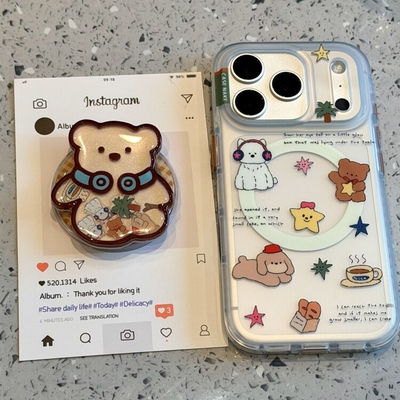 围脖小熊摇摇乐磁吸支架适用苹果11promax/17手机壳16/12趣味13mini/XR/14PROMAX/15PRO/X/87PLUS可爱SE硬Air