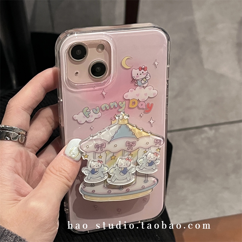 渐变粉色KT猫支架K12适用oppo A3/reno12/11/10/9843pro手机壳Findx7/X3木马567SE/A96可爱A57/A5/A2/A93/A1X