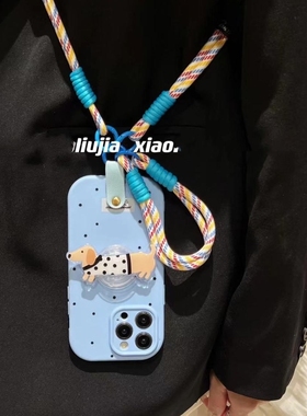波点可爱小狗支架适用15PM纯色12pro创意iphone11苹果13promax手机壳14斜挎挂绳8女76plus防摔蓝色小狗全包