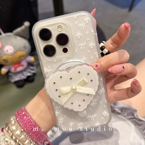 白色爱心碎花磁吸支架适用小米14T/15/13TPRO/NOTE14手机壳pocox7少女心X3GT/F8/F5红米15R/14/C65/C85/M7pro
