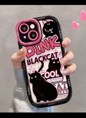 甜酷黑色猫咪适用K70小米15/14/13手机壳K60e/K50至尊红米Note12/13pro/K70e女生10S/9卡通civi3软萌K40/K80